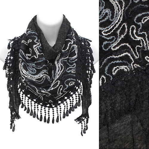 Duo Layer Abstract Design Lace Drop Triangle Fashion Scarf Black