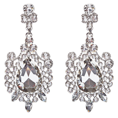 Beautiful Stunning Glamorous Crystal Rhinestone Teardrop Dangle Earrings Silver