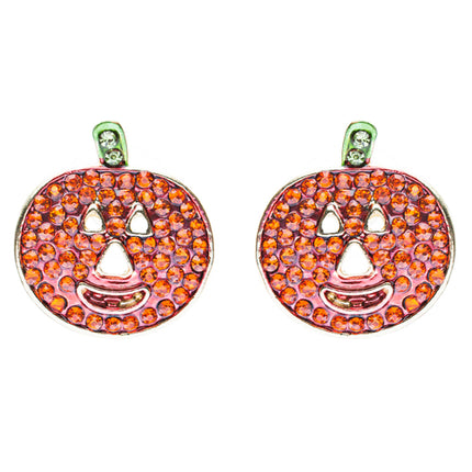 Halloween Costume Jewelry Crystal Rhinestone Happy Pumpkin Stud Earrings Orange