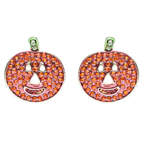 Halloween Costume Jewelry Crystal Rhinestone Happy Pumpkin Stud Earrings Orange