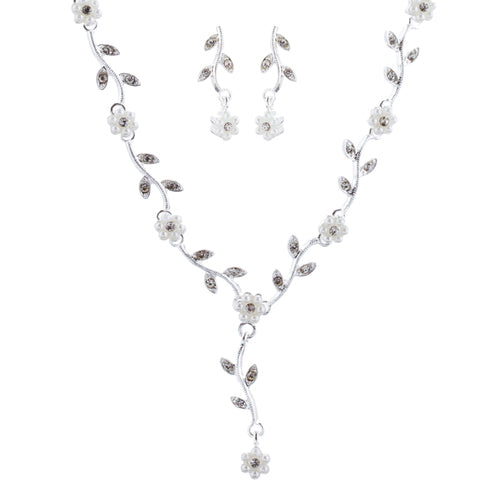 Bridal Wedding Jewelry Set Crystal Pearl Beautiful Flowers Vine Necklace Silver - Accessoriesforever