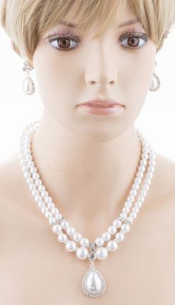 Bridal Wedding Jewelry Crystal Rhinestone Pearl Teardrop Necklace Set J704 SV - Accessoriesforever