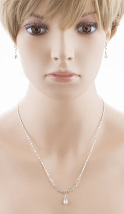 Bridal Wedding Jewelry Set Crystal Rhinestone Simple Teardrop Necklace Silver - Accessoriesforever