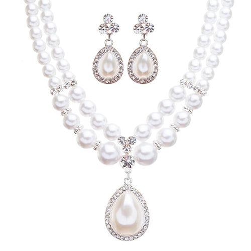 Bridal Wedding Jewelry Crystal Rhinestone Double Strand Pearl Classic Necklace - Accessoriesforever