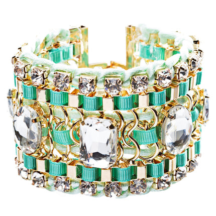 Beautiful Stone Fabric Crystal Rhinestone Latch Fashion Wide Bracelet B456 Green