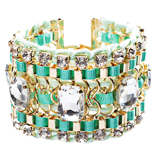 Beautiful Stone Fabric Crystal Rhinestone Latch Fashion Wide Bracelet B456 Green