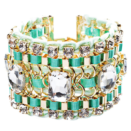 Beautiful Stone Fabric Crystal Rhinestone Latch Fashion Wide Bracelet B456 Green