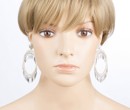 Draped Tassel Dangle Hoop Crystal Earrings Silver