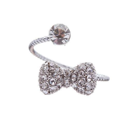 Fashion Gorgeous Ribbon Bow Tie Dazzle Crystal Rhinestone Adjustable Ring Silver