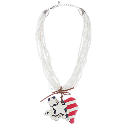 Patriotic Jewelry Multi Strands Crystal Rhinestone Heart Star Necklace JN267 WT - Accessoriesforever