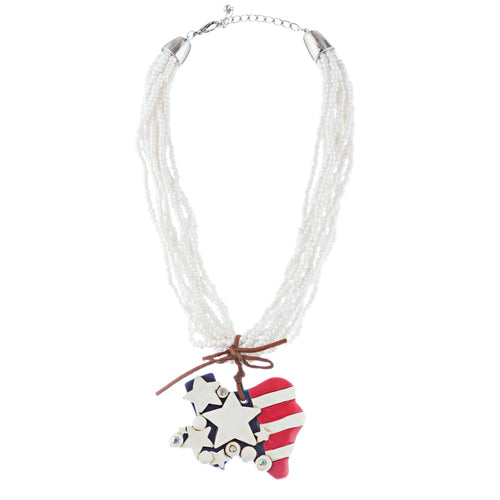 Patriotic Jewelry Multi Strands Crystal Rhinestone Heart Star Necklace JN267 WT - Accessoriesforever