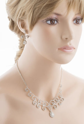 Bridal Wedding Jewelry Set Crystal Rhinestone Vintage Swirl Necklace Silver - Accessoriesforever