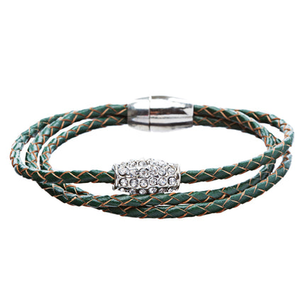 Braided Leather Pave Crystal Magnetic Closure Triple Rows Wrap Bracelet Green - Accessoriesforever