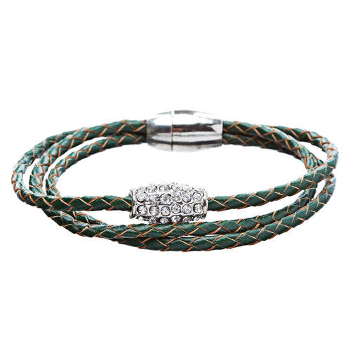 Braided Leather Pave Crystal Magnetic Closure Triple Rows Wrap Bracelet Green