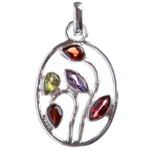 925 Sterling Silver Natural Gemstones Amethyst Peridot Pendant FJSVP2060