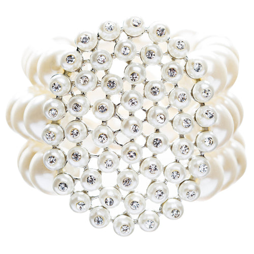 Bridal Wedding Jewelry LG Cluster Crystal Pearls Stretch Bracelet Silver Ivory - Accessoriesforever