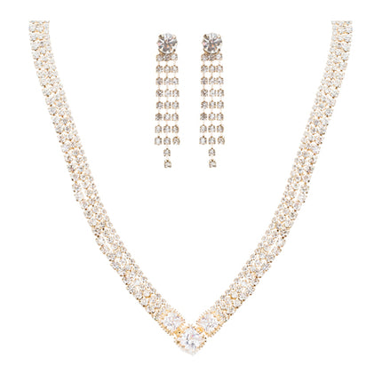 Bridal Wedding Jewelry Crystal Rhinestone Simple Sparkle Design Necklace Gold - Accessoriesforever