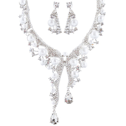 Bridal Wedding Jewelry Set Crystal Pearl Chunky Duo Linear Drops Silver White - Accessoriesforever