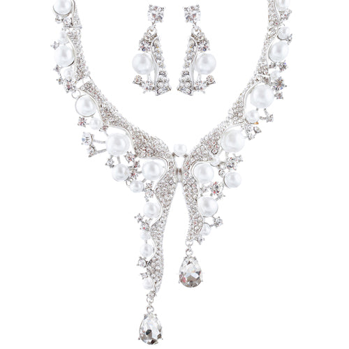 Bridal Wedding Jewelry Set Crystal Pearl Chunky Duo Linear Drops Silver White