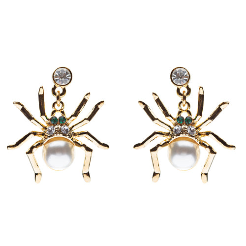 Halloween Costume Jewelry Spider Crystal Pearl Dangle Charm Earring Gold White