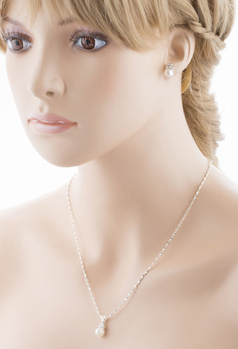 Bridal Wedding Jewelry Set Crystal Rhinestone Pearl Simple Design Silver White