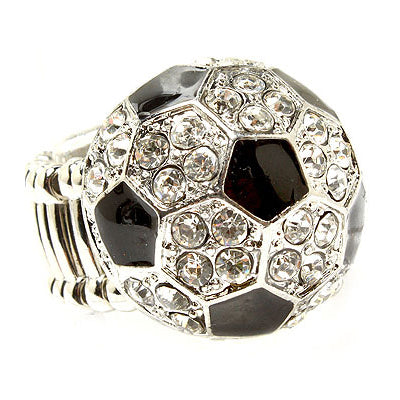 Sport Soccer Ball Crystal Rhinestone 20mm Stretch Adjustable Ring Silver Clear