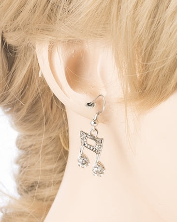 Music Note Charm Crystal Rhinestone Fashion Dangle Earrings Silver Tone Clear