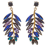 Stunning Beautiful Crystal Rhinestone Leaf Linear Drop Statement Earrings Blue