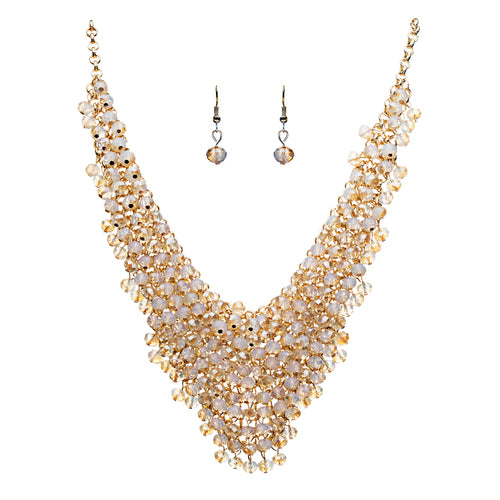 Gorgeous Glass Bead Drape Bib Style Design Statement Necklace Set Gold Beige