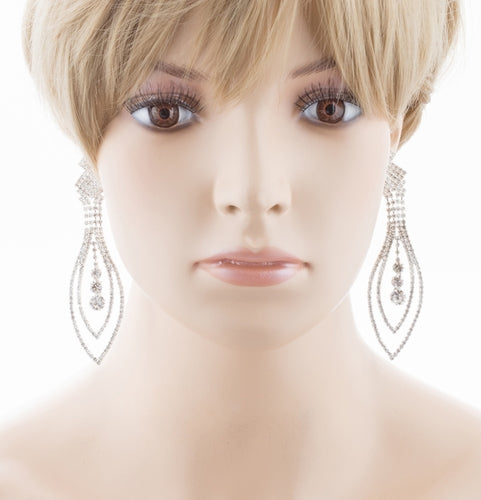 Bridal Wedding Jewelry Crystal Rhinestone Navette Linear Dangle Earrings Silver - Accessoriesforever