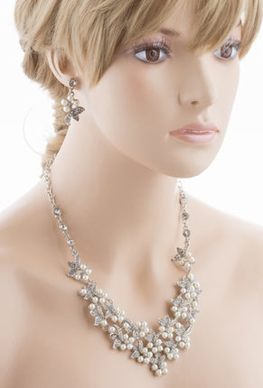 Bridal Wedding Jewelry Set Necklace Crystal Rhinestone Pearl Floral Bib Silver - Accessoriesforever