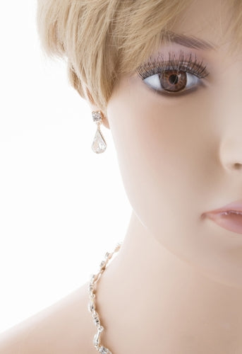 Bridal Wedding Jewelry Set Crystal Rhinestone Multi Teardrops Link Silver Clear