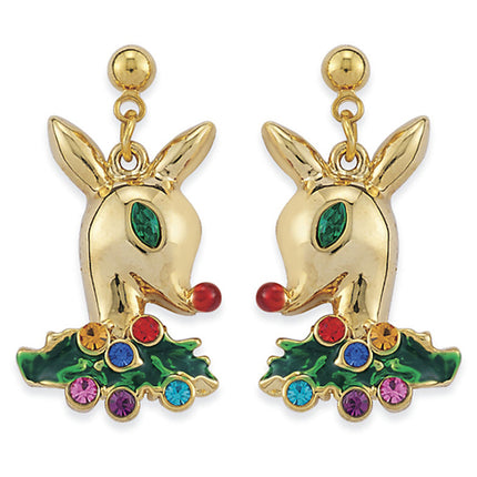 Christmas Jewelry Crystal Holiday Reindeer Dangle Earrings E1181 Gold Multi