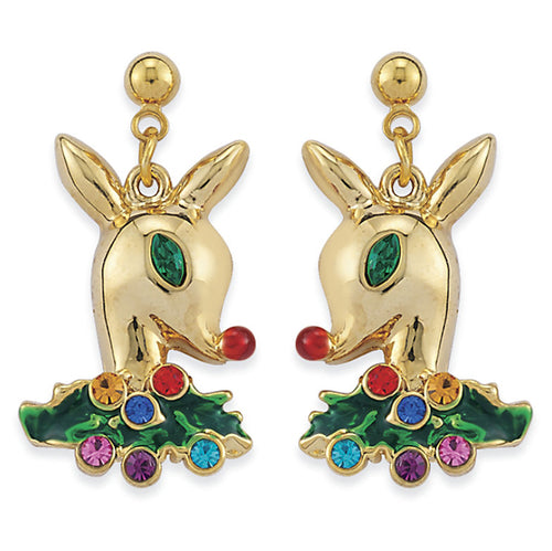 Christmas Jewelry Crystal Holiday Reindeer Dangle Earrings E1181 Gold Multi