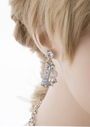 Bridal Wedding Jewelry Set Crystal Pearl Chunky Duo Linear Drops Silver White - Accessoriesforever