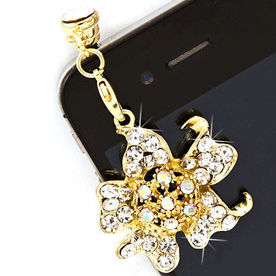 Earphone Dustproof Plug Stopper Phone Ear Cap Crystal Rhinestone Floral Gold