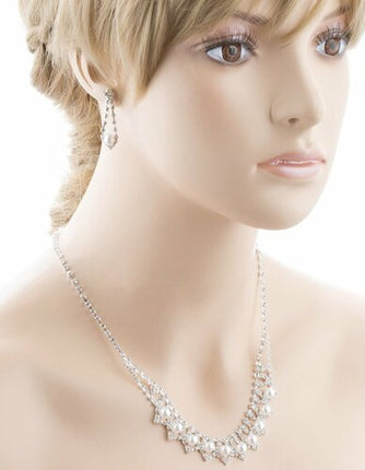 Bridal Wedding Jewelry Crystal Rhinestone PearlStylish Drop Necklace Set J675 SV - Accessoriesforever