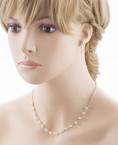 Bridal Wedding Jewelry Set Crystal Rhinestone Pearl Patterned Necklace Earrings - Accessoriesforever