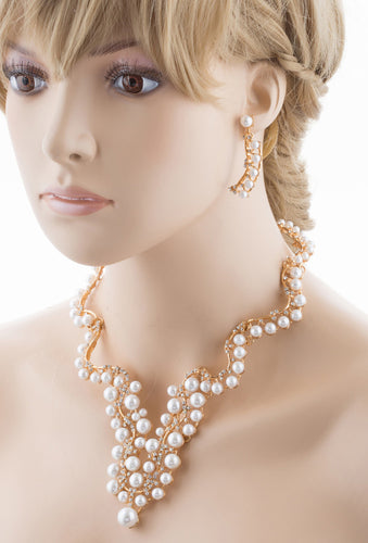 Bridal Wedding Jewelry Set Crystal Pearl Chunky V Drop Swirl Necklace Gold