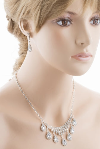 Bridal Wedding Jewelry Set Crystal Rhinestone Dangle Teardrop Necklace Silver - Accessoriesforever
