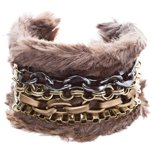 Multi Chain Soft Fur Cuff Bangle Bracelet Brown