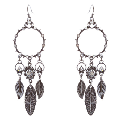 Beautiful Leaf Drop Circle Crystal Rhinestone Fashion Dangle Earrings Hematite