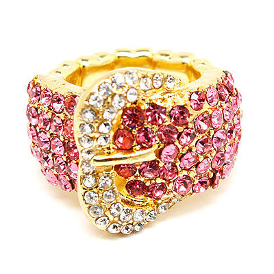 Buckle Fashion Design Crystal Pave Stretch Ring Pink