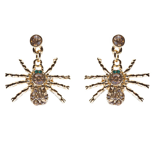 Halloween Costume Jewelry Spider Crystal Dangle Charm Earrings Gold Topaz