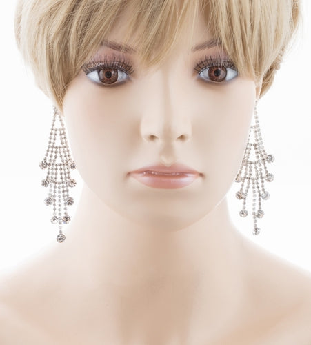 Bridal Wedding Jewelry Crystal Rhinestone Layered Linear Dangle Earrings Silver - Accessoriesforever