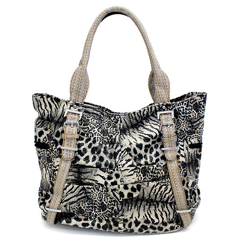 Multi Animal Print Leopard Zebra Giraffe Faux Leather Tote Handbag Bag Beige