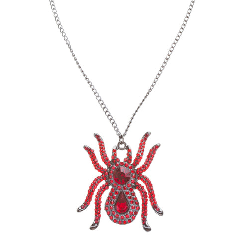 Halloween Costume Jewelry Rhinestone Sparkle Spider Charm Necklace Red