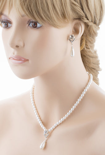 Bridal Wedding Jewelry Set Crystal Pearl Linear Teardrop Necklace