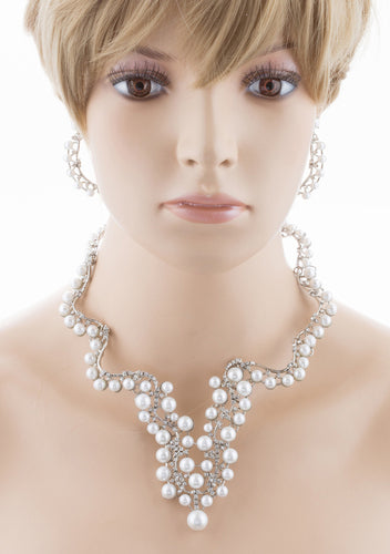 Bridal Wedding Jewelry Set Crystal Pearl Chunky V Drop Swirl Necklace Silver