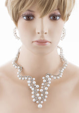 Bridal Wedding Jewelry Set Crystal Pearl Chunky V Drop Swirl Necklace Silver